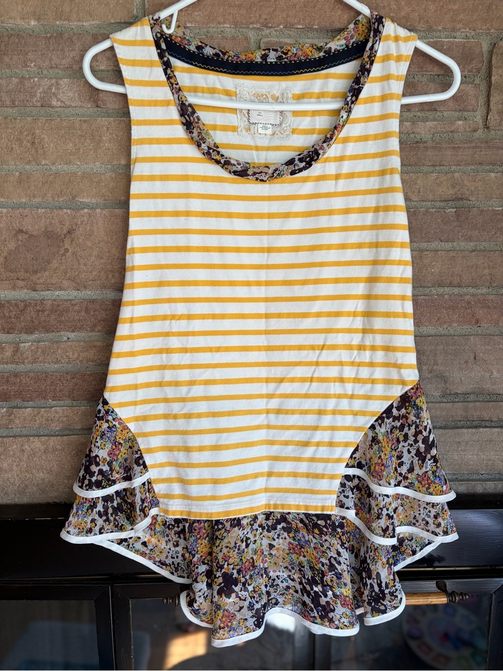Anthropologie 9-H15 S!CL Yellow & White Striped Tank with Floral Ruffle
